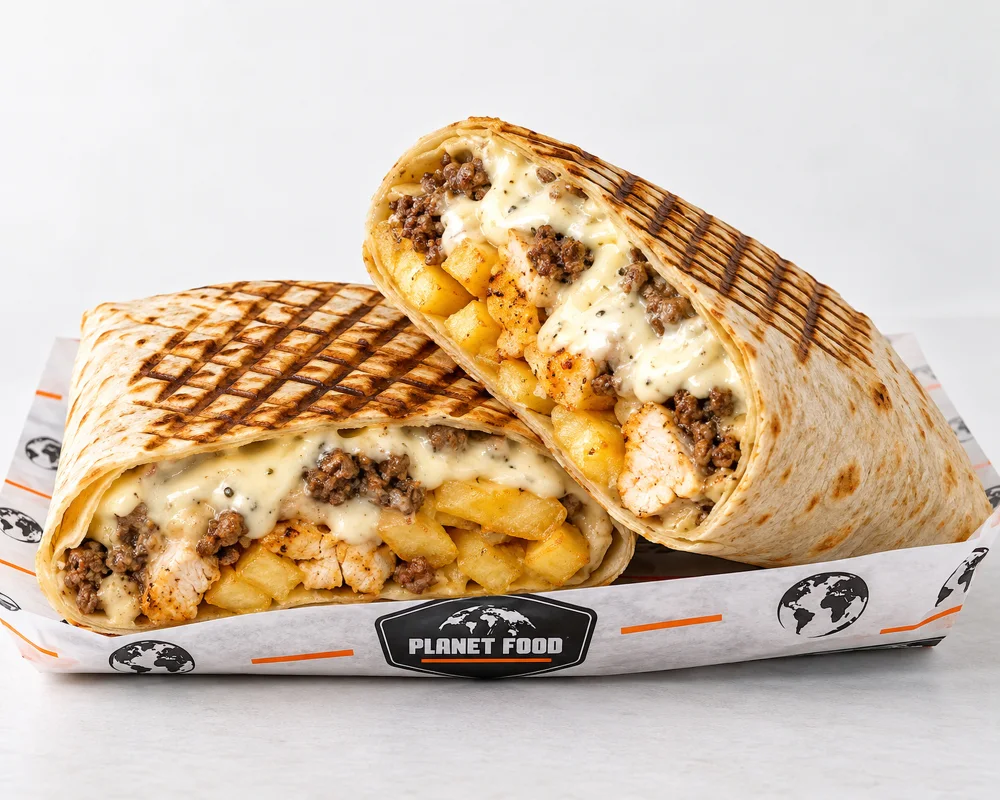 Un tacos Planet Food garni de deux viandes, coupé en deux